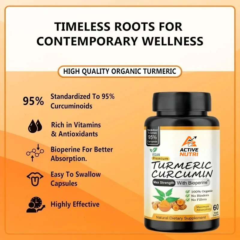 Turmeric Curcumin Supplement 1000mg BioPerine Black Pepper Extract, Pure 60 Capsules