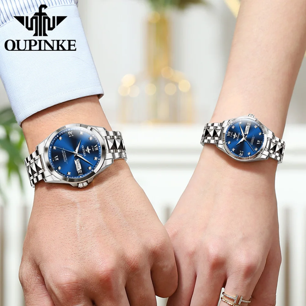 OUPINKE, reloj de pareja de diamantes, reloj de pulsera mecánico automático clásico de lujo, regalos para mujeres, correa de acero de tungsteno resistente al agua 3262