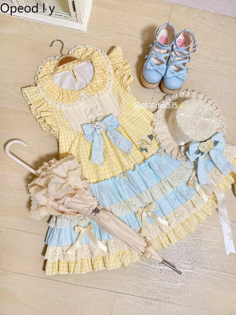 

Japanese Original Sweet and Cute Lolita Small Fly Sleeve Dress High Waist Cotton Doll Feeling Bow Lace Fluffy Cake Dress