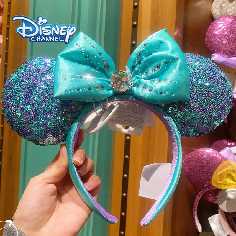 Disney Mermaid Ariel Headband Adults/Child Disneyland Mickey Emerald Green Glitter Bow Women Minnie Ear