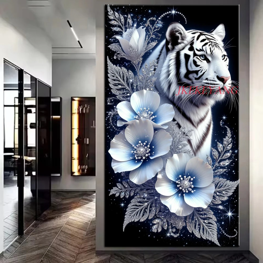 

Beautiful White Tiger and Flowers Picture DIY Diamond Painting Cross Stitch Full Drill Diamond Mosaic New Collection Home Decor