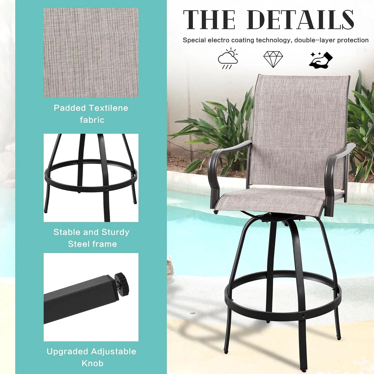 2-Piece Outdoor Swivel Bar Stools, All-Weather Metal & Textile, High Top Bistro Set for Backyard, Lawn, Balcony - Taupe