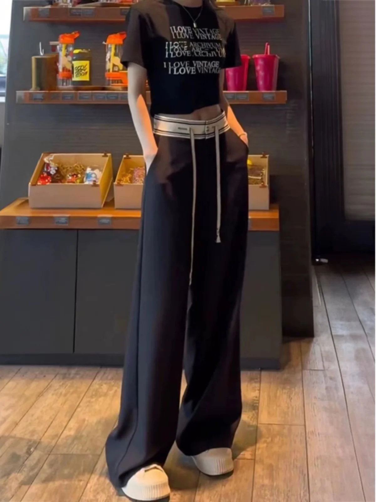 Verão 2025 cintura alta calças de perna larga feminina casual solto encaixe em linha reta até o chão calças casuais versáteis