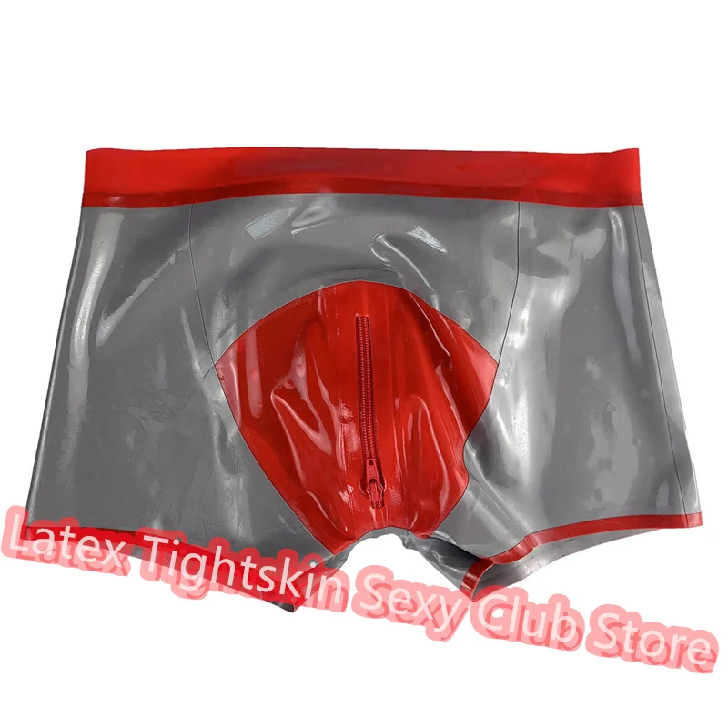 

Men Latex Panties Boxer Silver with Red Front Zip Sexy Fetish Shorts Handmade Underwear Club Wear for Men Cosplay Costumes