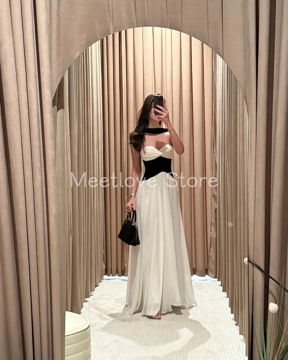 

Meetlove Strapless Sleeveless Sweetheart Ribbon Chiffon Floor Length Simple Evening Dresses Customized White Prom Gowns Elegant