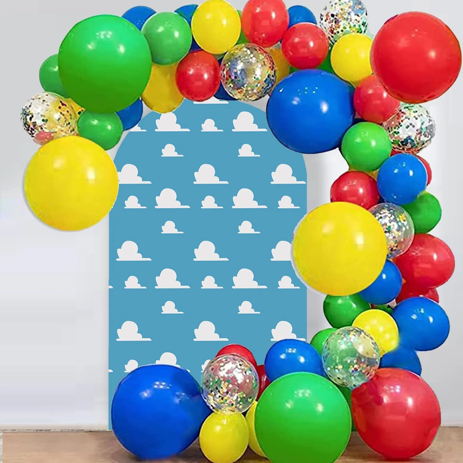Arch Backdrop Cover Blue Sky White Clouds Background Boy Toy Story Cartoon Newborn Party Decoration Baby Shower Kids Birthday