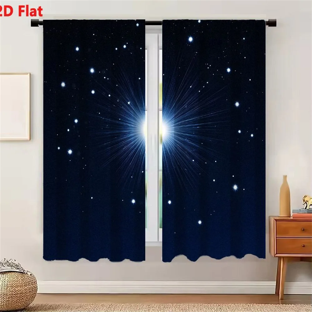 2Pcs Curtains Bright Radiant Star Against Deep Blue Night Sky Digital Illustration Window Drapes for Bedroom Room Decor Decorati