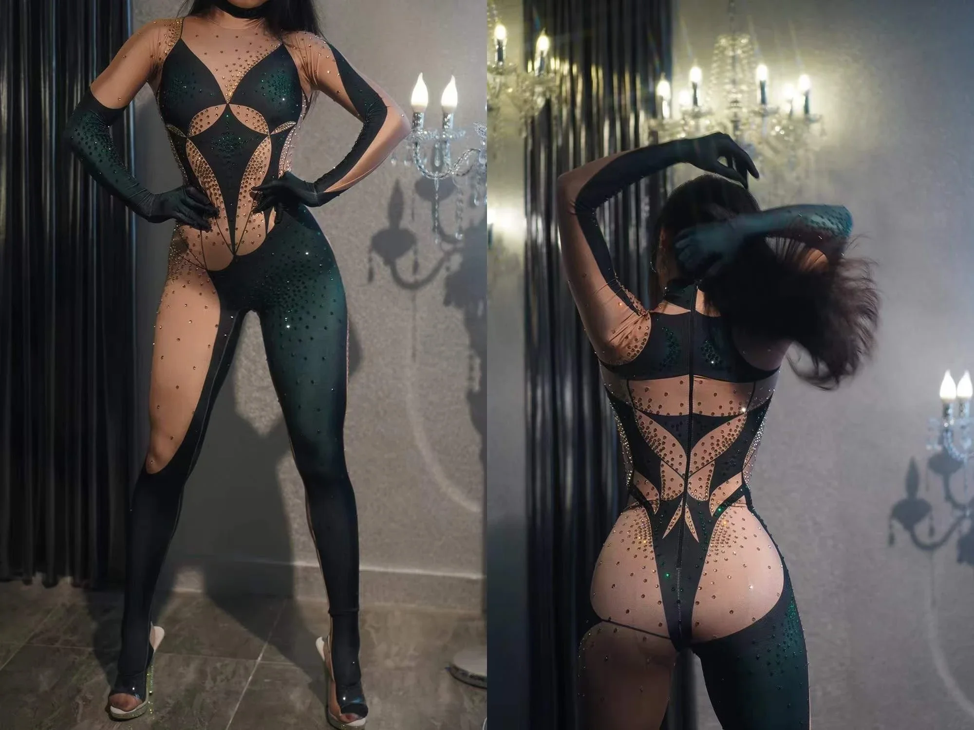 

Women Sparkly Pole Dancing Las Vegas Showgirl Stretch Rhinestone Jumpsuits Singer Dancer DJ DS Gogo Queen Costumes 2025 New