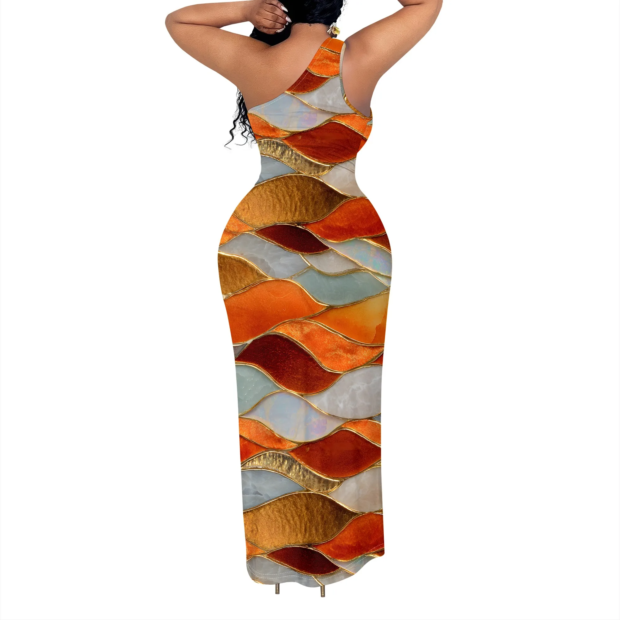 Wavy Print One Shoulder Dress, Sleeveless Cutout Maxi, Abstract Art Summer Wear, Beach Party Gown S-2XL