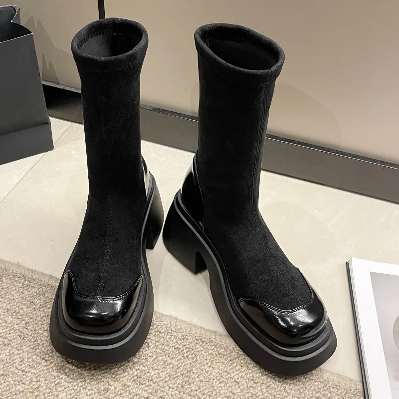 

2025 New High Heels Women's Suede Short Boots Fashion Platform Winter Shoes Designer Elegant Ankle Boots Party Pumps Zapatillas