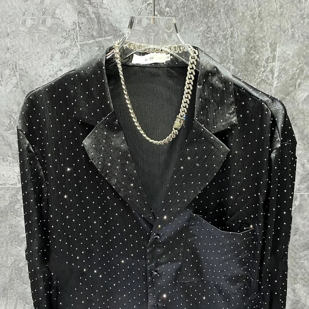 Mens Diamond-Encrusted Long-Sleeve Casual Shirt Autumn Genderless Fashion Youth Nightclub Loose Niche Temperament Shirt Unisex