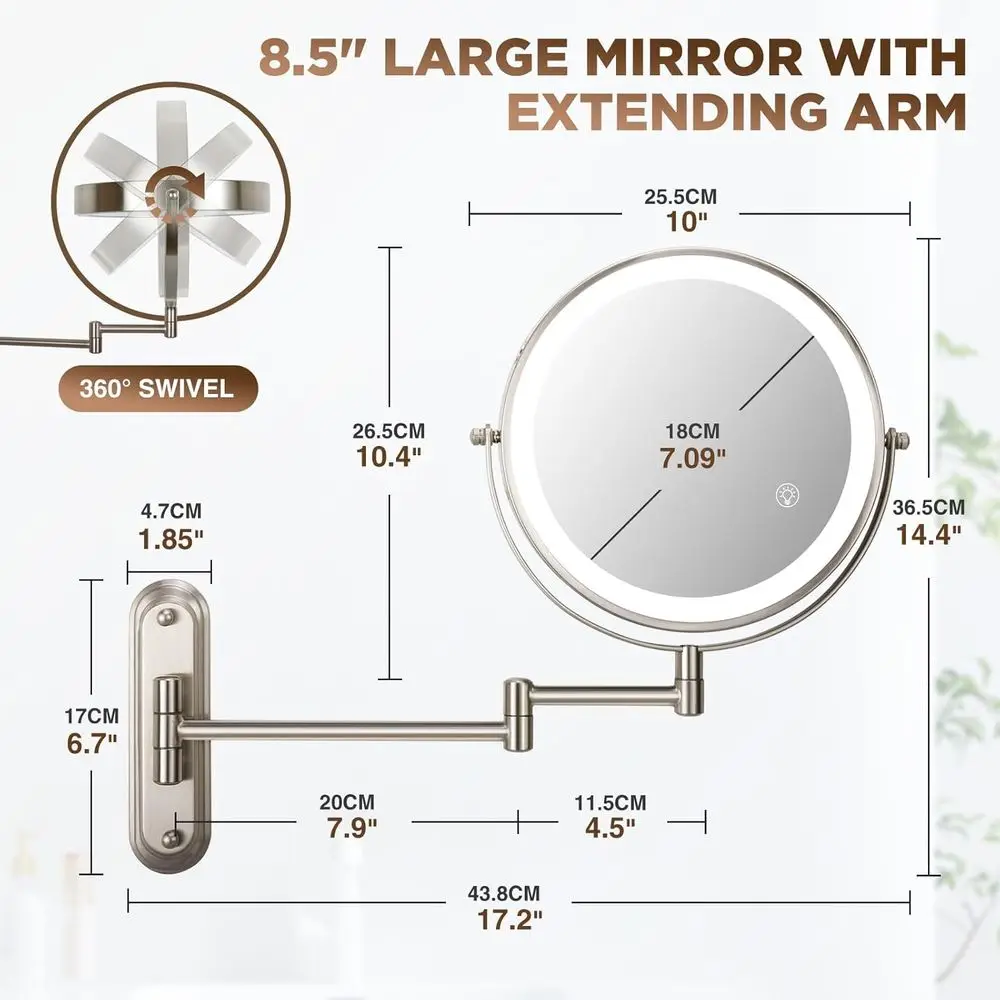 Doppelseitiger, mit LED beleuchteter Schminkspiegel, 360° °   Dreharm, 3 Farbmodi, verstellbare Vergrößerung, Oberfläche aus gebürstetem Nickel