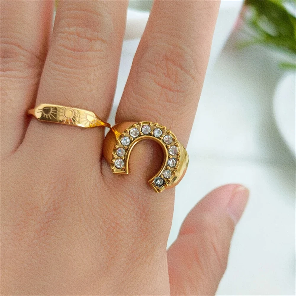 CZ Lucky Horseshoe Ring Stainless Steel Statement Rings for Women Men Vintage Jewelry Crystal Anillos Mujer Best Friends Gift