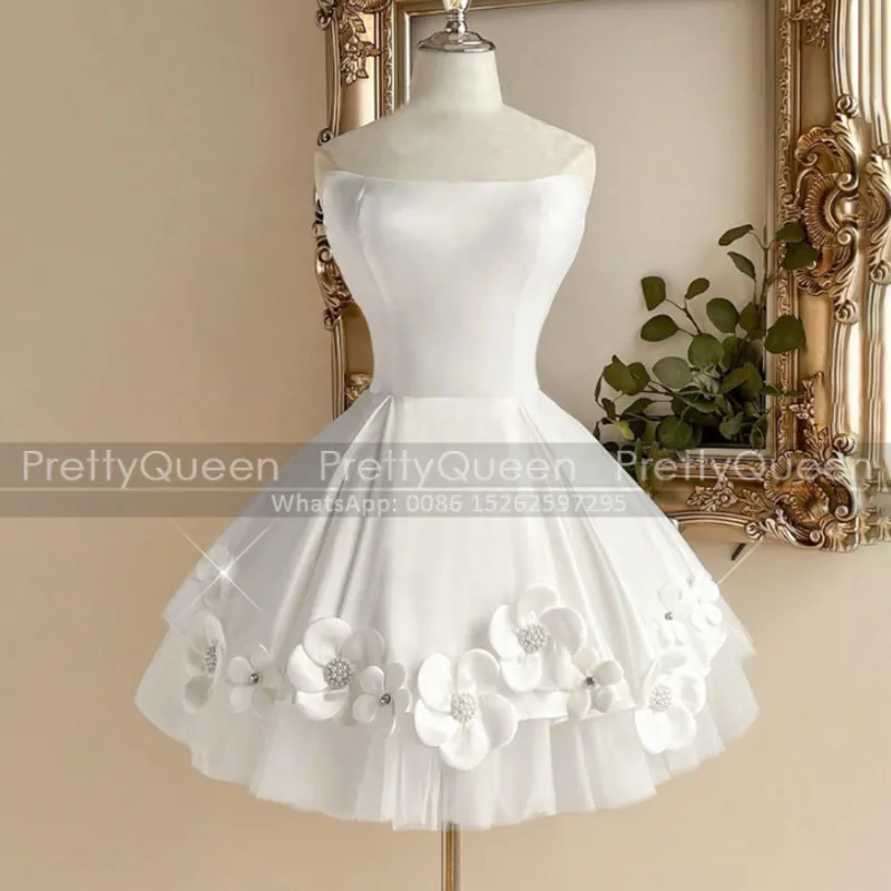

White Short Bridesmaid Dresses Puffy A Line Beaded Handmade Flowers Customized Strapless Wedding Party Dress
