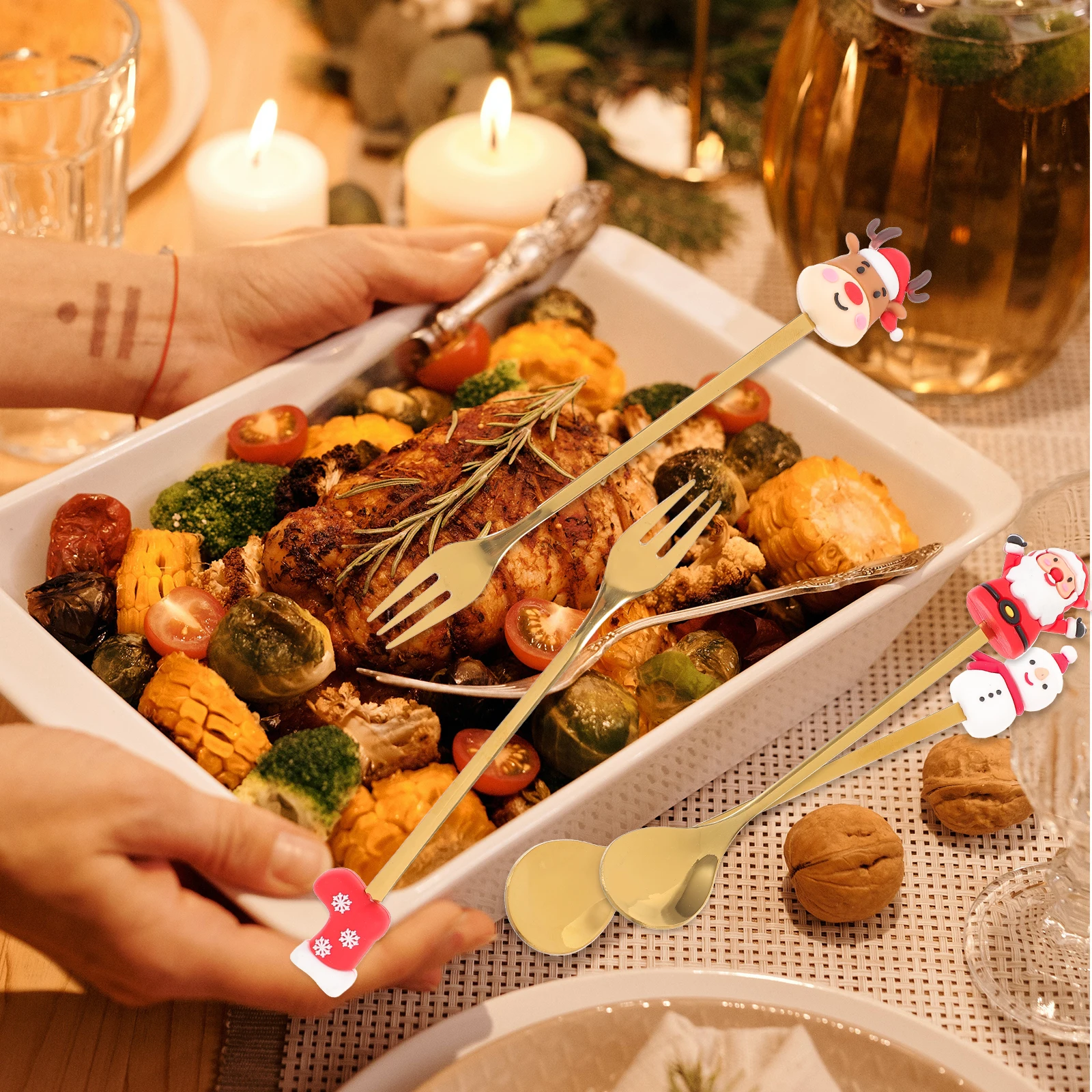 

1 Set Christmas Spoons Forks Cute Stainless Steel Dessert Fork Spoon Xmas Cutlery Party Festival Tableware Household Restaurant