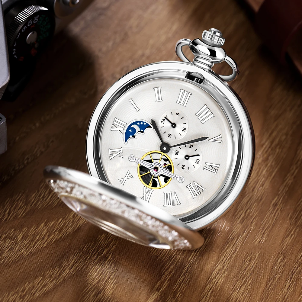 Vintage Mechanical Pocket Watch Sun, Moon, and Star Pendant The unique design comes with a thickened chain, which is perfect for