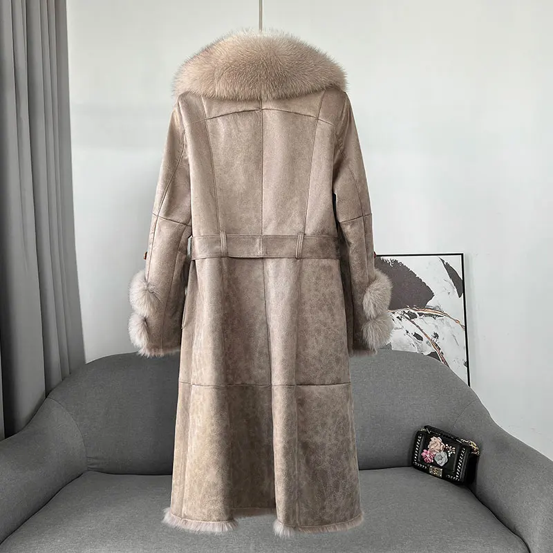 2022 New Genuine Leather Coat Long with Fox Fur Collar Cuffs Double Face Rabbit Fur Clothing Overcoat Winter Warm Luxury Button