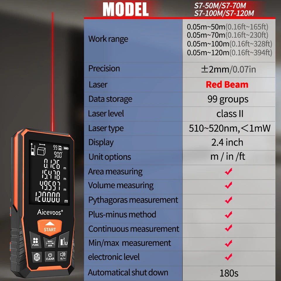 Aicevoos Digital Laser Rangefinder 50M 70M 100M 120M Laser Distance Meter Trena Laser Tape Measure Roulette Range Finder