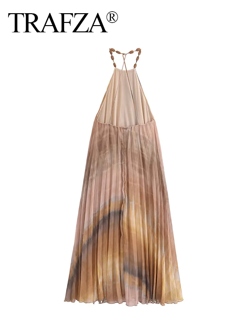 TRAFZA Female Fashion Tie Dyed Gradient Pleated Midi Dresses Women Sexy Party Beading Hanging Collar Sleeveless Dress Mujer