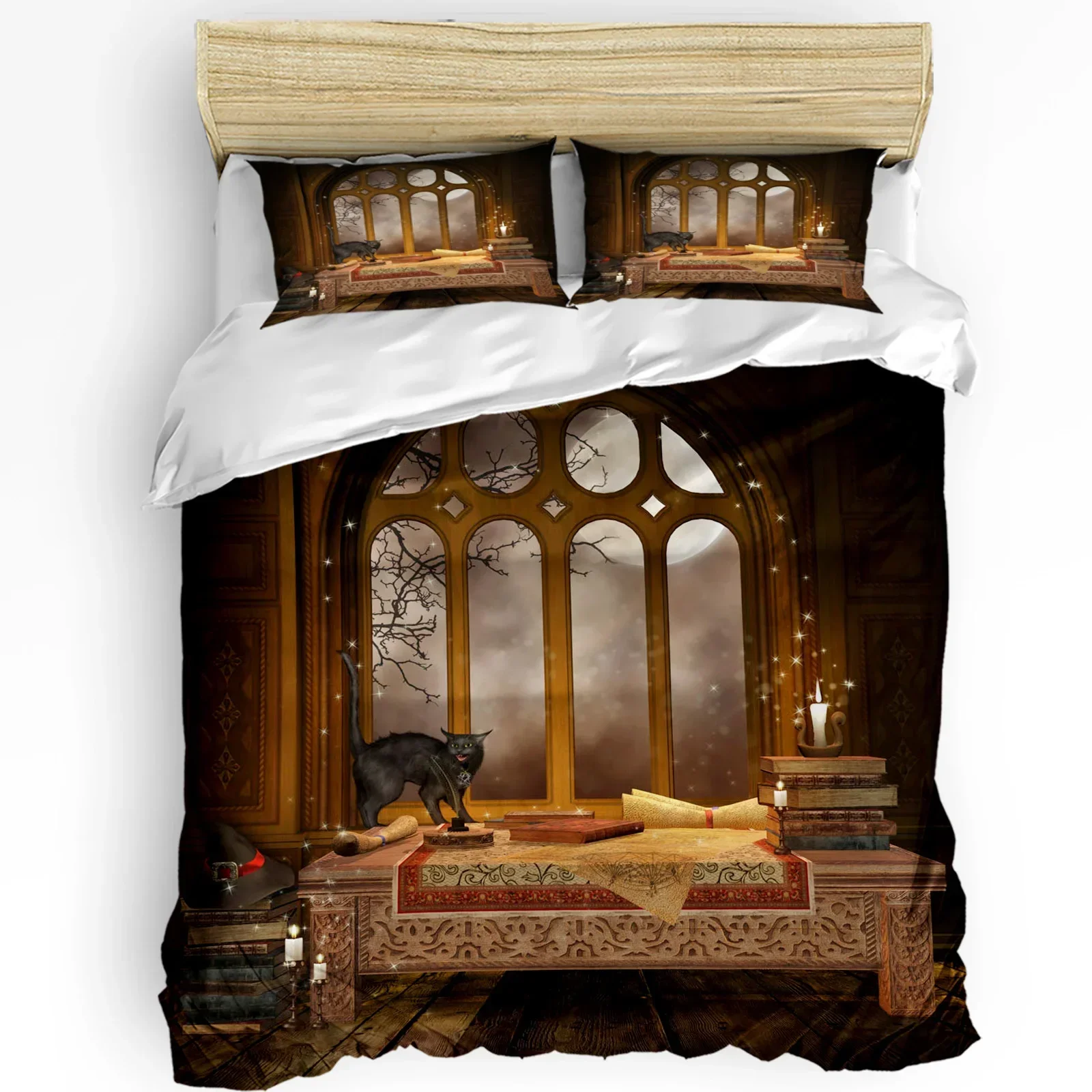 Castle Window Desk Moon Cat Book Witch Room Duvet Cover 3pcs Bedding Set Home Textile Quilt Cover Pillowcases No Sheet