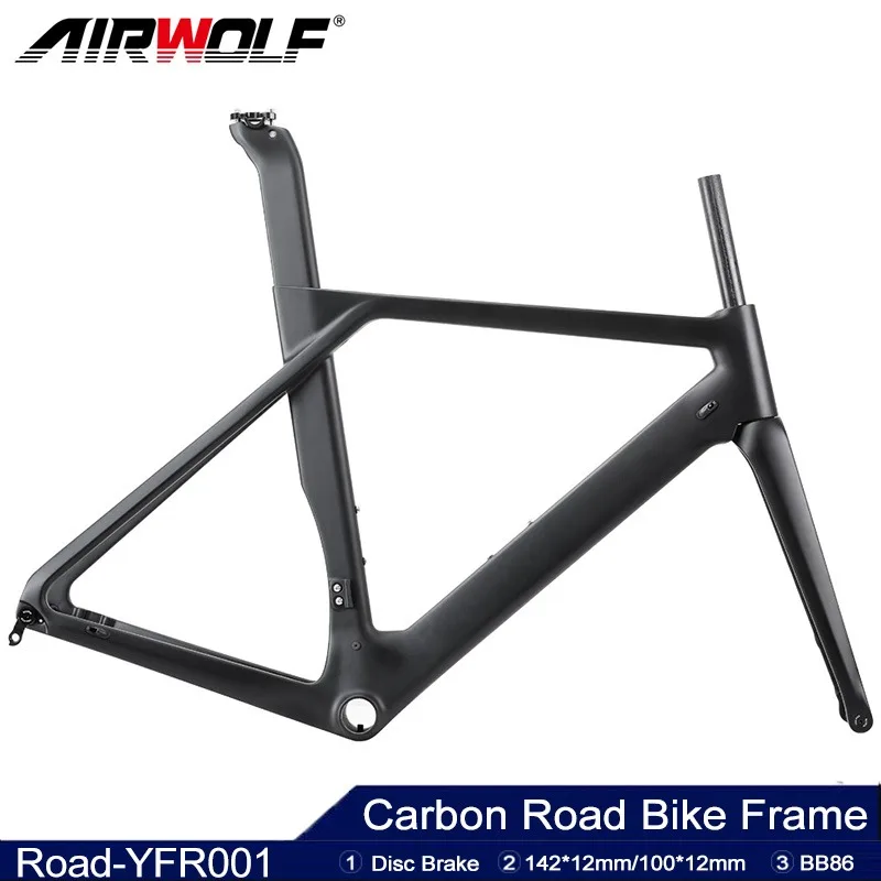 

Airwolf T1000 Carbon Road Frame Thru Axle Rear 142*12mm Front 100*12mm Max Tire Size 700*32c 49/52/54/56cm Carbon Road Frame