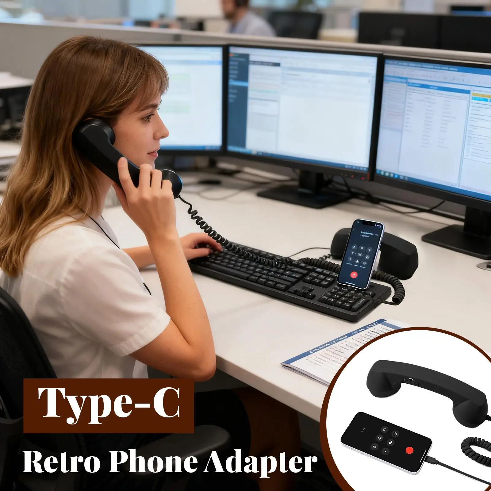 Retro Phone Handset Type-C Retro Classic Comfortable Home Supplies Cell Phone To Landline Adapter For Offices Travel Kitchen