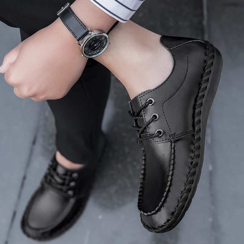 STRONGSHEN Men Casual Leather Shoes Brand Breathable British Mens Sneakers Fashion Lace Up Soft Flats Driving Shoes Peas Shoes