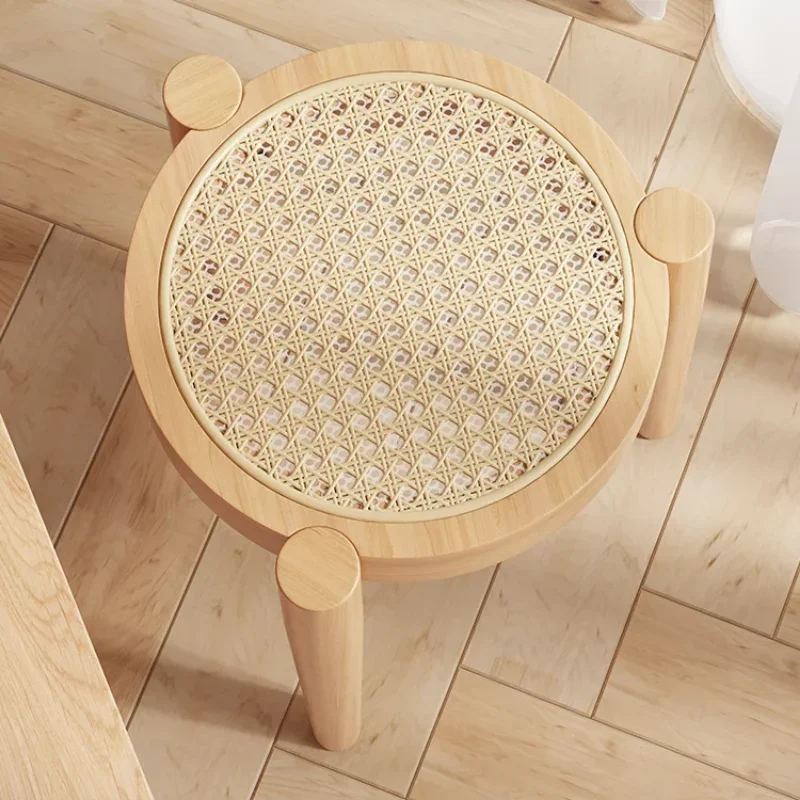 Rattan Weaving Circular Dining Stool Walnut Color Space Saving Ottomans Nordic Ins Dressing Chair Living Room Furniture