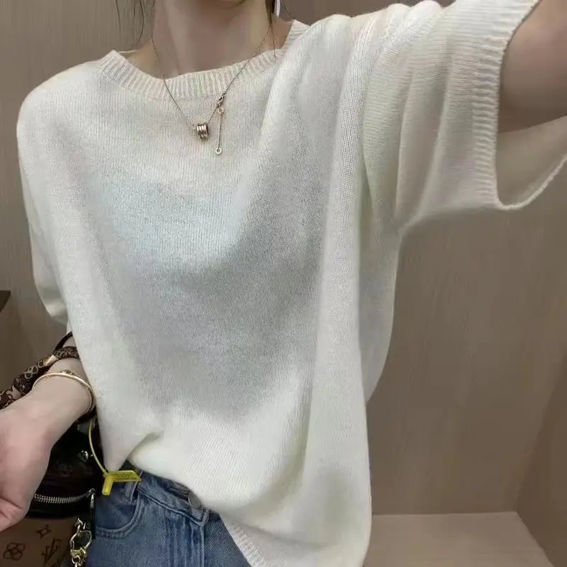 Elegant Fashion Thin Solid Color Knitted T-shirt for Women Casual Simplicity Round Neck Short Sleeve Tops Summer Female Clothing