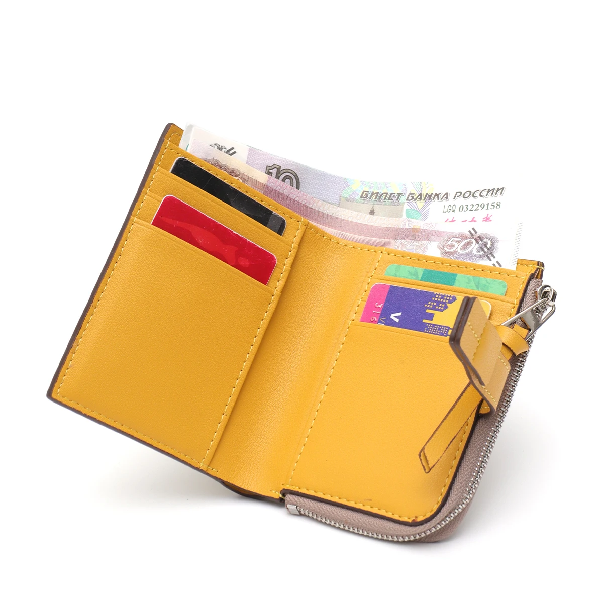 SC Women Fashion Real Leather Bifold Short Wallet Contrast Color Multi Pockets Card Holder Zip Pocket Cash Slot Coin Purse Daily