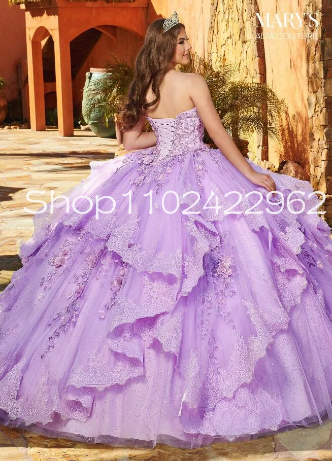 Vestidos Quinceanera de renda com babados, jaqueta manga comprida, apliques florais, lavanda lilás, 15