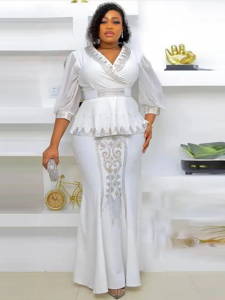 Plus Size Two Piece Set Africa Clothing Women Party Evening Gown Tops And Skirt Suit Dubai Muslim Kaftan Abayas Robe Africaine