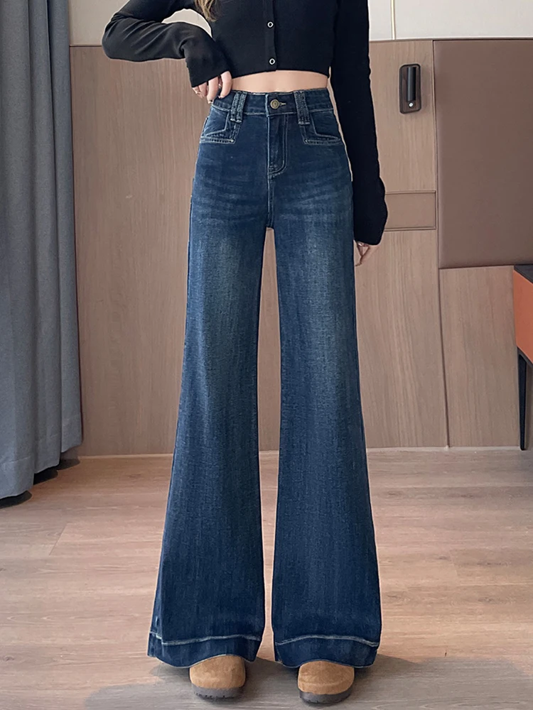 

Темно-синие джинсы узкого кроя в американском стиле, женские осенние эластичные модные брюки с высокой талией, универсальные расклешенные брюки