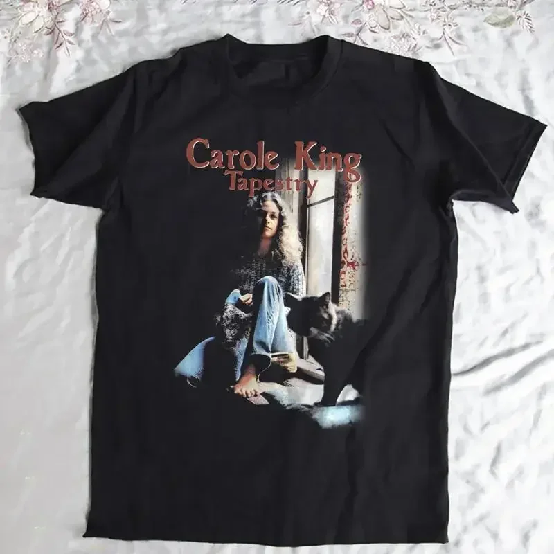 Camiseta de algodão preta com estampa de tapeçaria da Carole King, tamanho S a 5XL, em promoção.