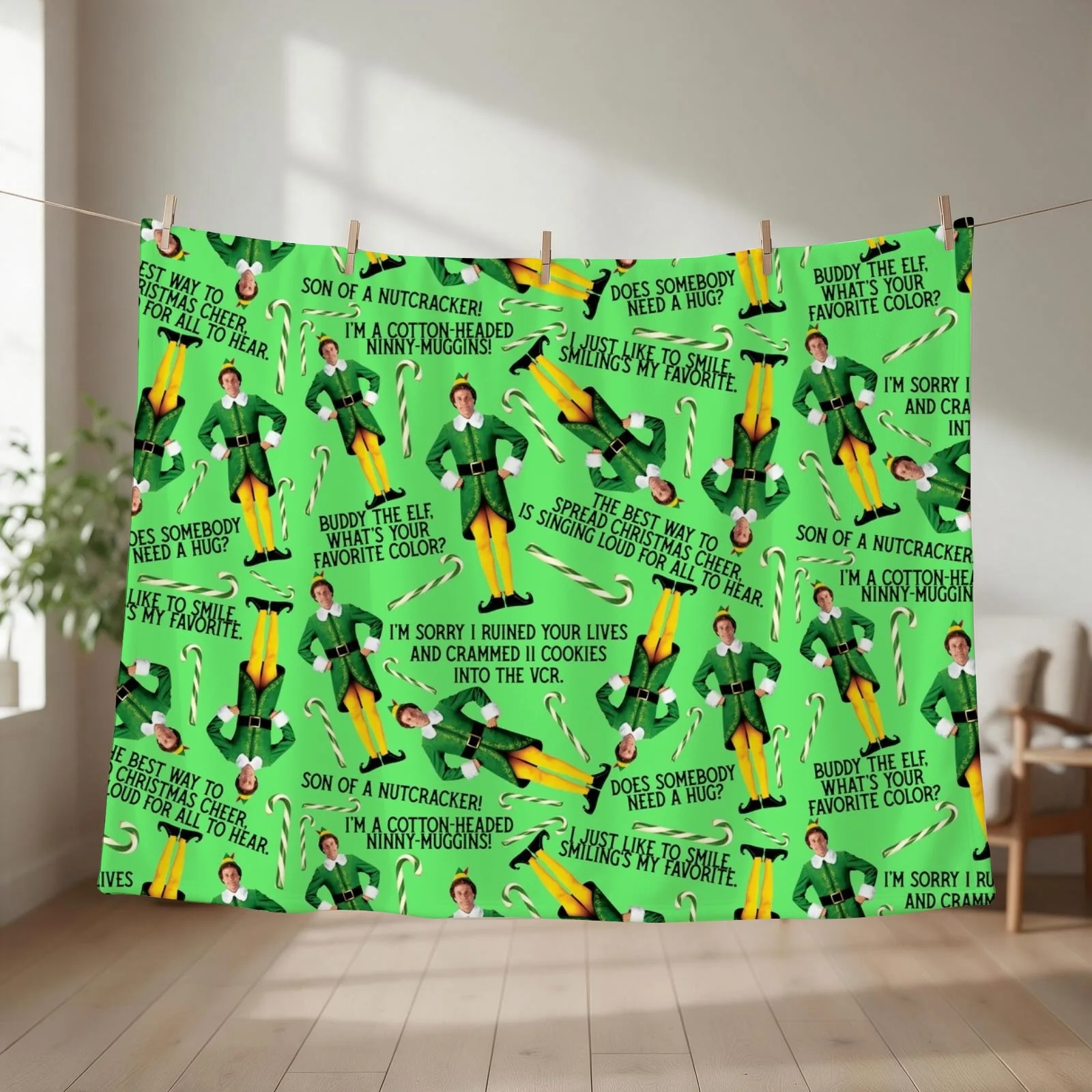 Buddy The Elf Print Green Throw Blanket couch cozy soft plush fuzzy picnic outdoor blanket