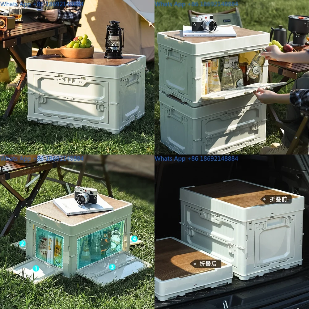 

Foldable Storage Box with Wooden Lid Large Capacity Side Opening for Outdoor Camping and Picnic Use