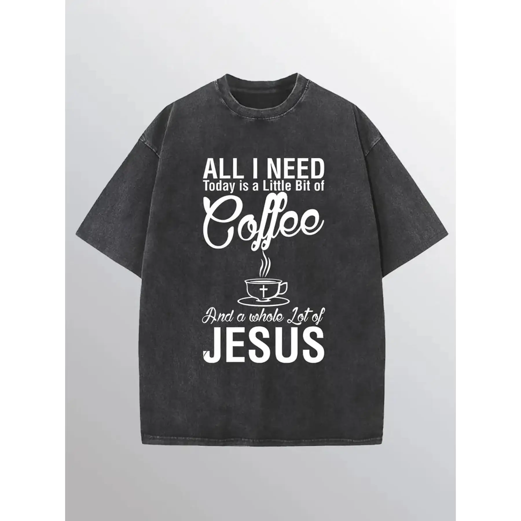 

Washed Christian T Shirt Coffee Jesus Graphic Tees Summer Casual Loose Fit Faith Slogan Top for Men Women Humor Streetwear