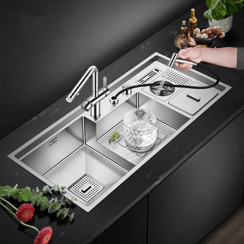 Creative Kitchen Waterfall Sink Stainless Steel Topmount Sinks Black Nano Wash Basin Single Sink Knife Holder Multi-function