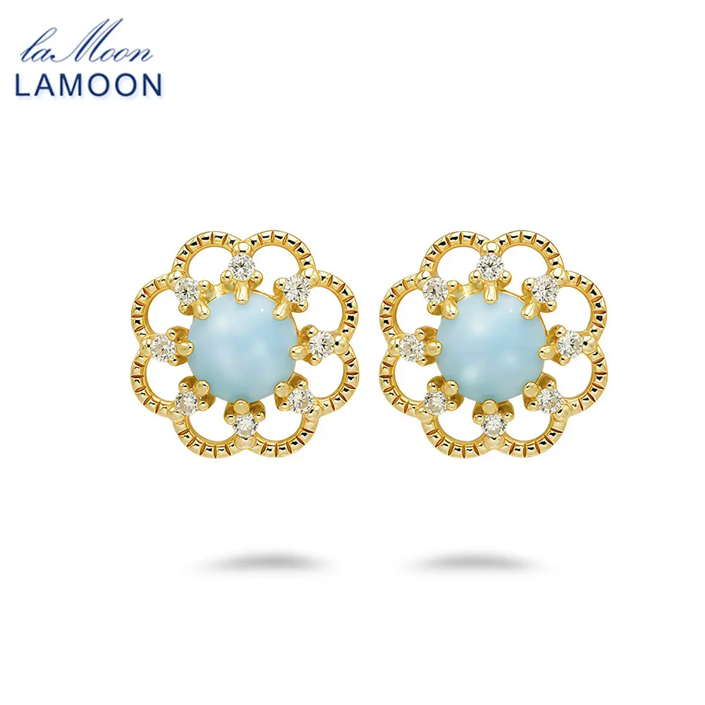 

LAMOON Vintage Natural Larimar Gemstone Earring For Women Luxury Court Style 925 Sterling Silver Gold Plated Party Fine Jewelry