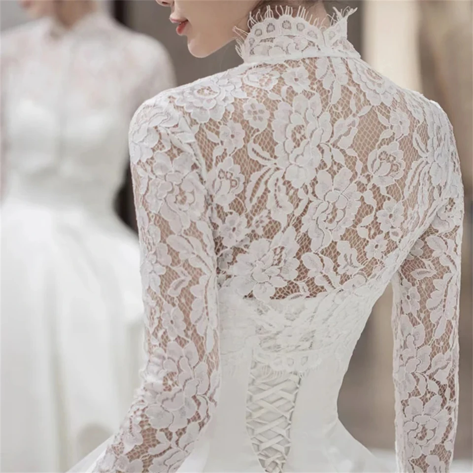 Elegant Lace Button High Neck Illusion A-line Simple Wedding Dresses 2024 Sweep Train Full Sleeves Bridal Gowns Vestido De Noiva