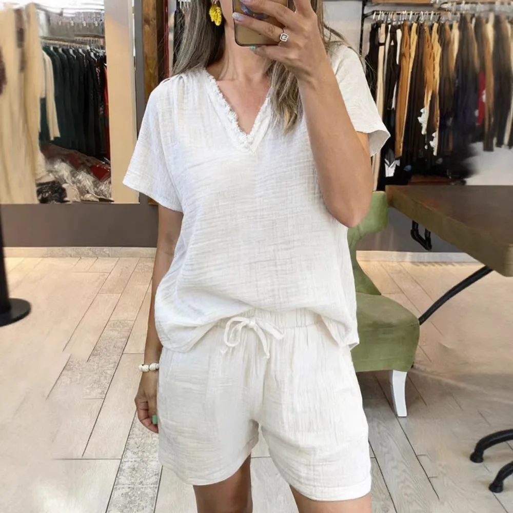 

Solid Color Casual Loose Short Pants Sets For Women 2026 Elegant Summer Women's Two Pieces Suit Full Set Female Outfit Clothes