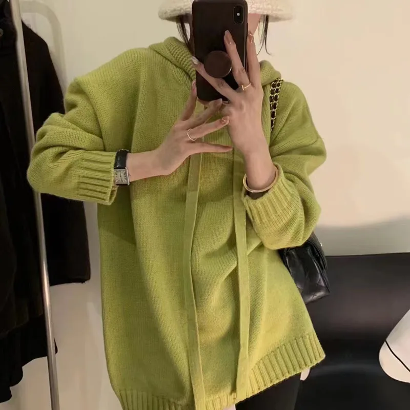 

Women Jumpers Hooded Pullovers Solid Knit Sweater Long Sleeve Spliced Loose Casual Thick Knitted Sweater Autumn Winter