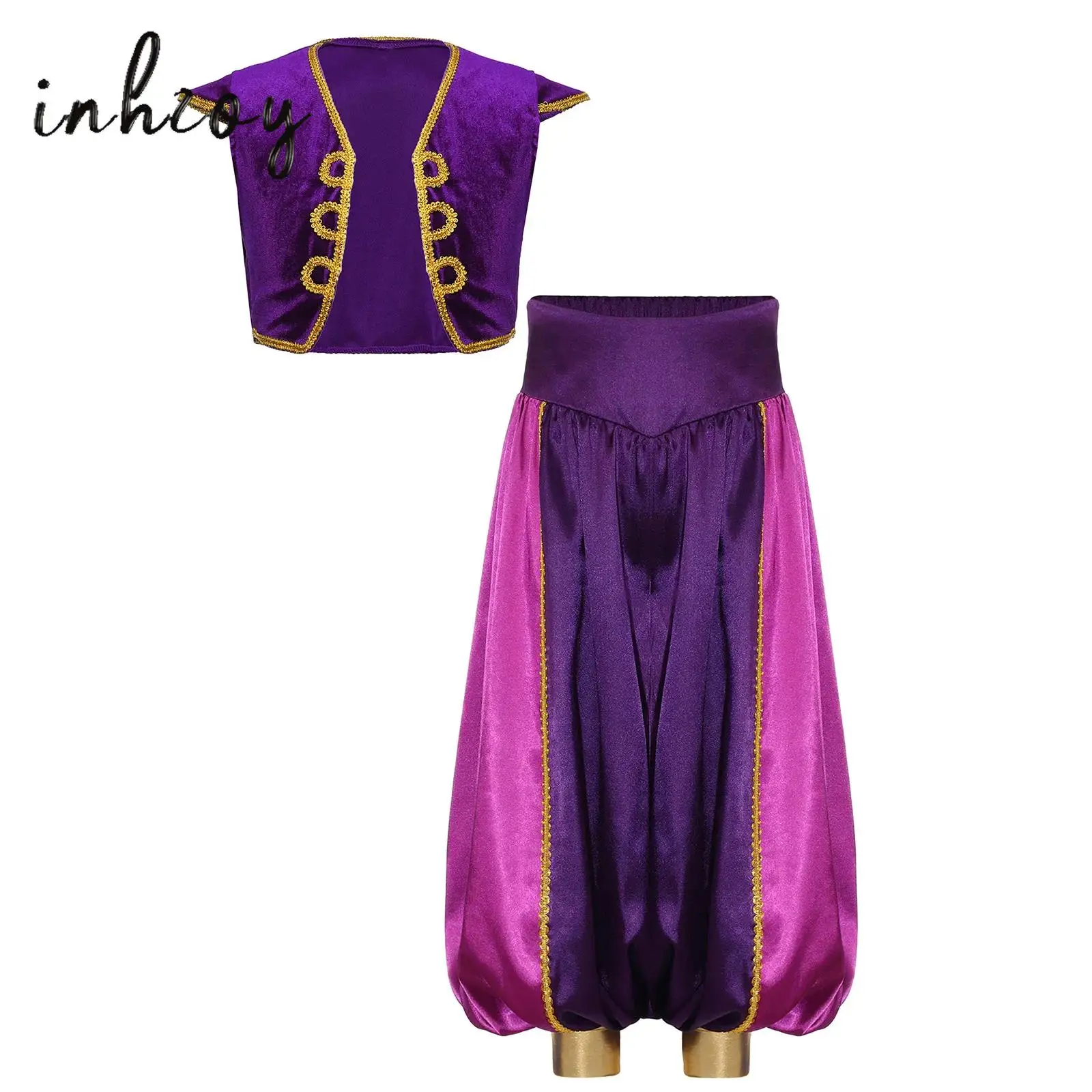 

2Pcs Boys Arabian Prince Costume Cap Sleeve Braided Trimming Vest with Loose Color Contrast Pants for Halloween Party Cosplay