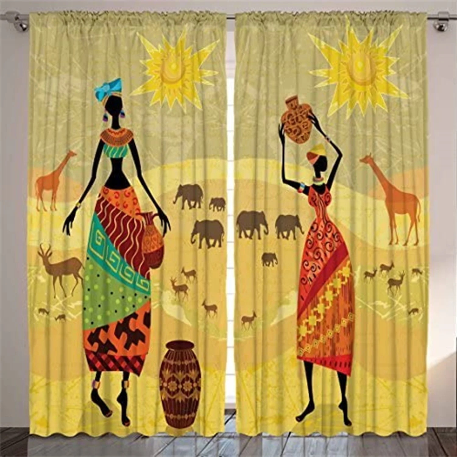 Women and Wild Animals Print Curtains Giraffe Elephants Deers Antlers Desert Bohemian Art Living Room Bedroom Window Drapes