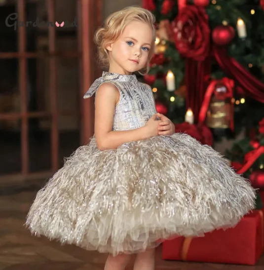 

Eid Tiered Champagne Flower Girl Dresses with Sequined Feather New Sleeveless Wedding Party Gowns for Baby فساتين اطفال