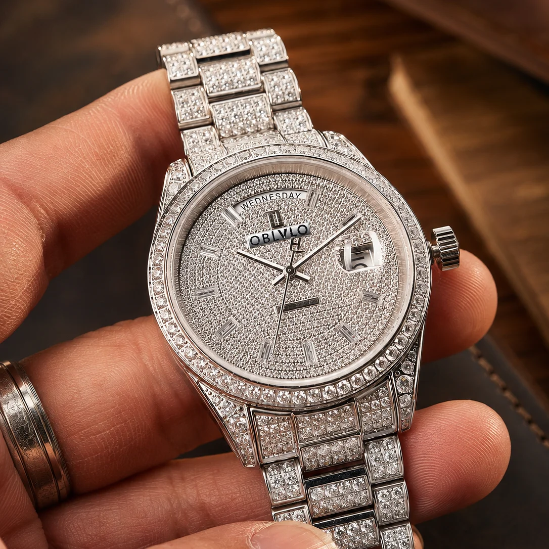 OBLVLO RX-DD-AD Men's Rose Gold Diamond Watch with Day Luxury 40mm Full White Crystal Dial And Bezel Automatic Watch with Date