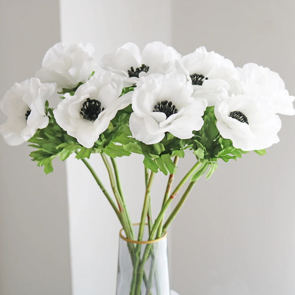 7 Pcs Artificial Anemone Poppy White Flowers and Green Stems Silk Flowers Greenery Arrangements for Wedding Bouquet Garland Vase