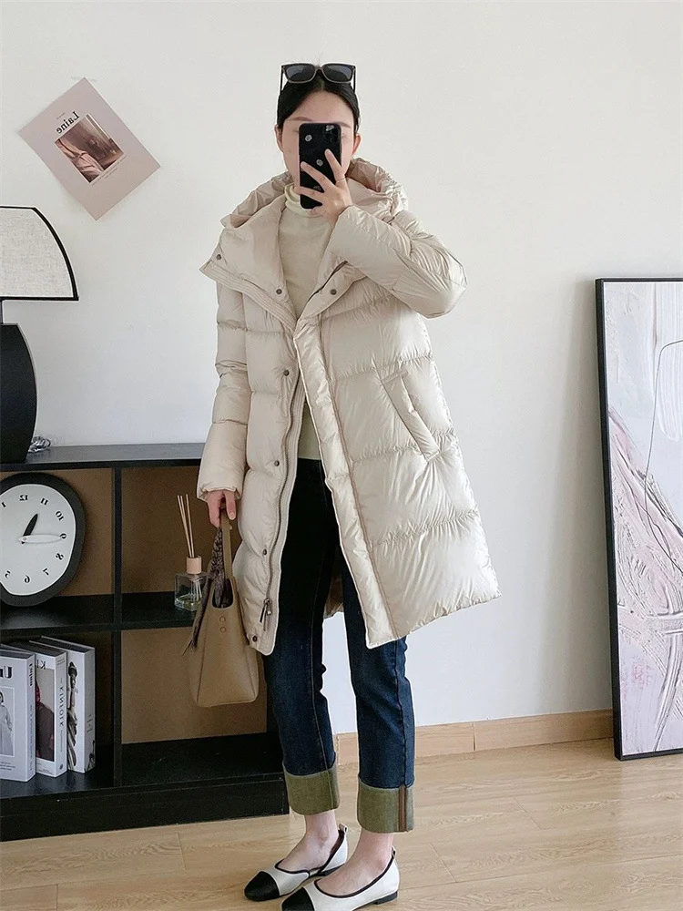 Women's Puffer Jacket Winter Coat Female White Goose Down Thick Warm Down Jackets Simple Casual Loose Hooded Women's Outerwears