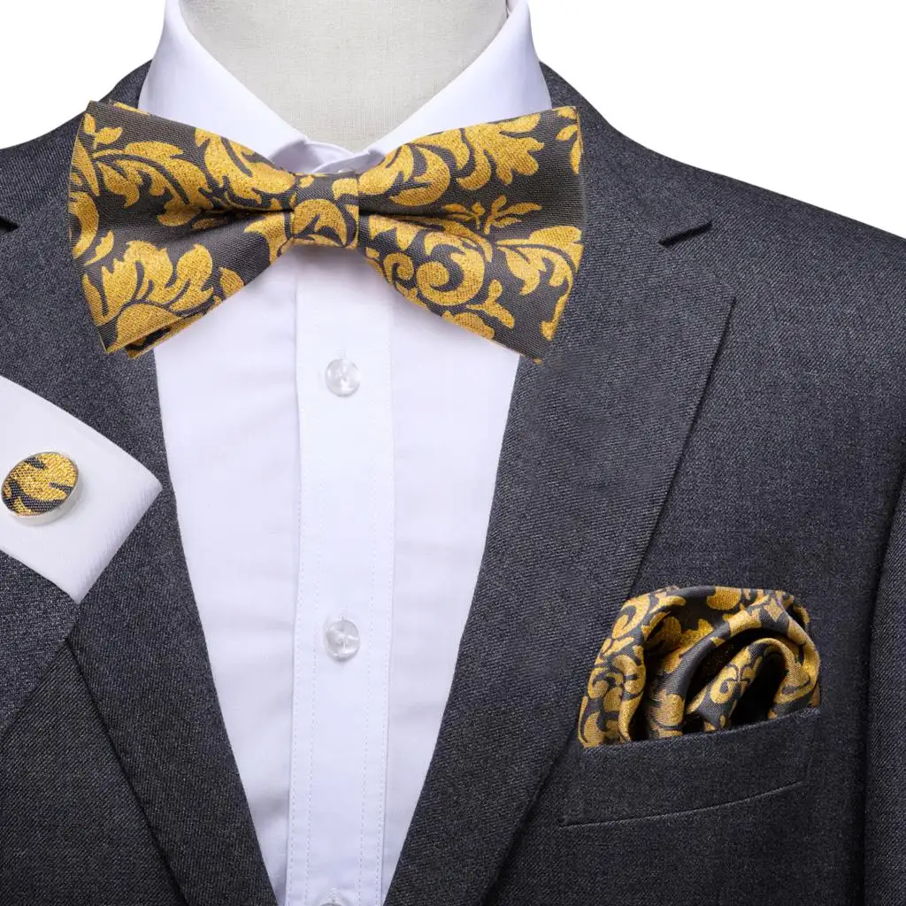 LH-738 Hi-Tie Luxury Gold Silk Bow Ties for Men Fashion Wedding Party Gold Bowtie Handkerchief Cufflinks Set Mens Ties