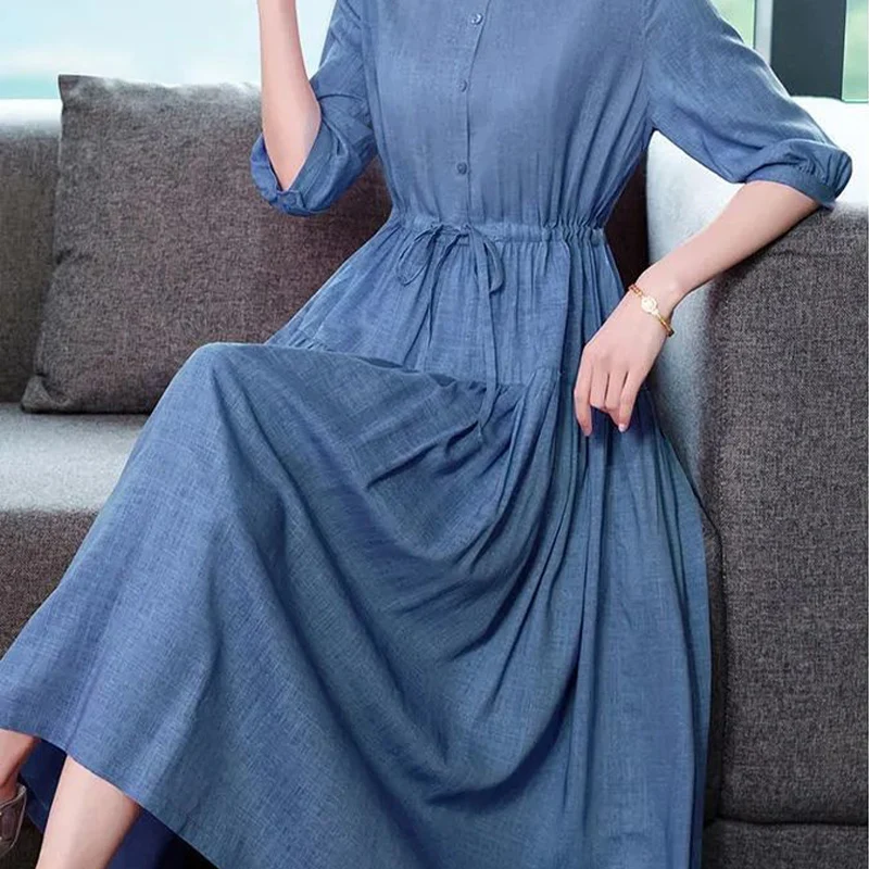 Summer New Chic Solid Color Cotton Dress Women Elegant Fashion Vestidos De Fiesta Long Sleeve Robe Femme O Neck Women\'s Clothing